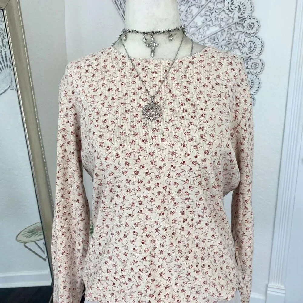 L.L.Bean Early 2000's Cream Red Cottage Core Floral Cotton Longsleeve Top S - Picture 2 of 6